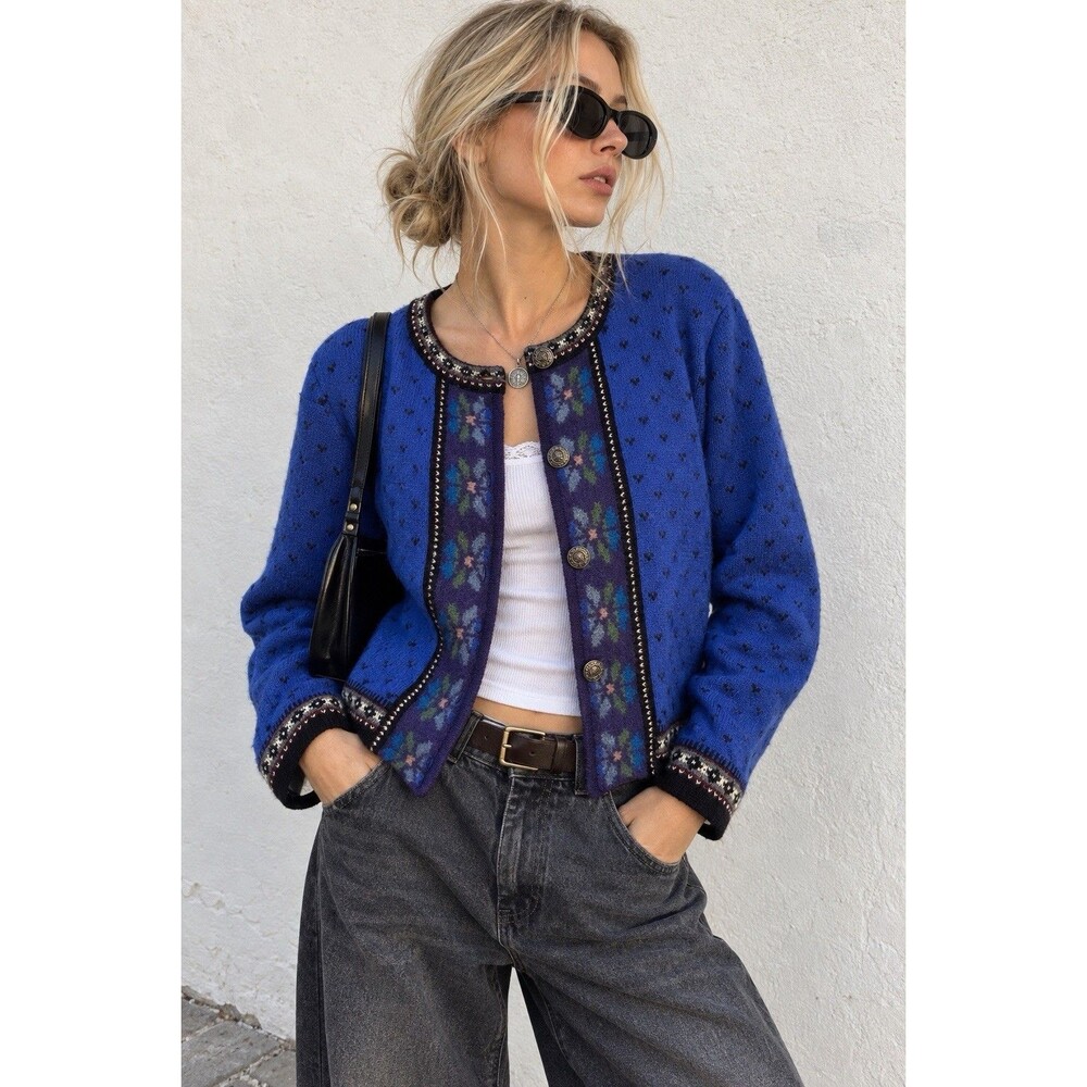 100% Boiled Wool Cardigan Cobalt Blue Fair Isle Floral Metal Button PM Nordic